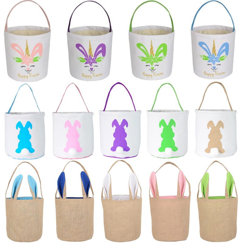 

Party Easter Bunny Basket Bags With Handle Kids Linen Carrying Gift Handbag Eggs Hunt Bag Fluffy Tails Printed Rabbit Toys Bucket Tote Party Decoration