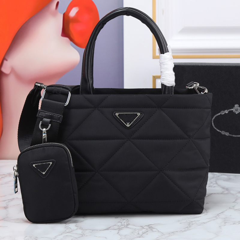 

Nylon Padded Tote Bag Quilted Handbag Purse Triangle Sign Crossbody Bags Real leather Handle Detachable Adjustable Woven Tape Shoulder Strap Removable Zip Pouch, 32*20cm