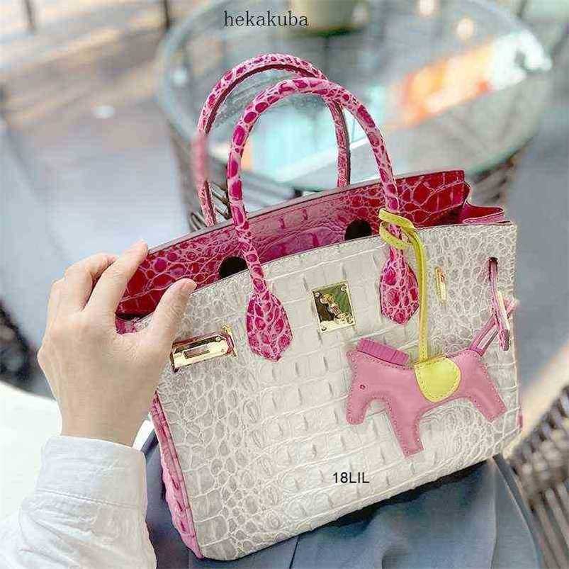 

Designer Bags Birkin Herms 5A High grade crocodile bone pattern color matching trendy foreign style big brand fashion portable platinum bag, Himalayan white + rose red 30cm spot
