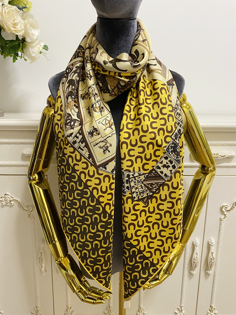 

Women's square scarf scarves shawl 100% twill silk material yellow pint Poker horse pattern size 130cm- 130cm