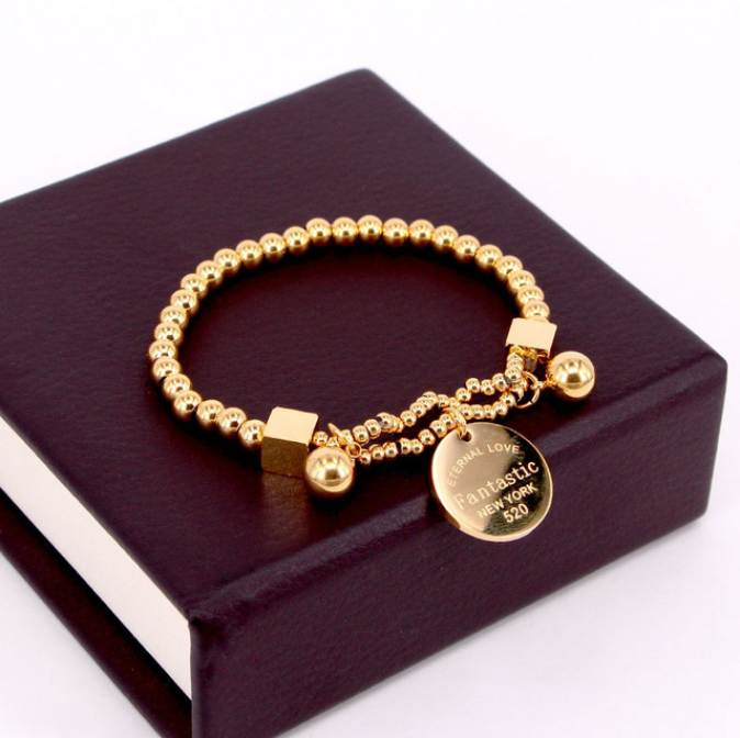 

Stainless Steel Ball Beads Bracelet For Women Circle Tag Charm Stretch Strand Bracelet