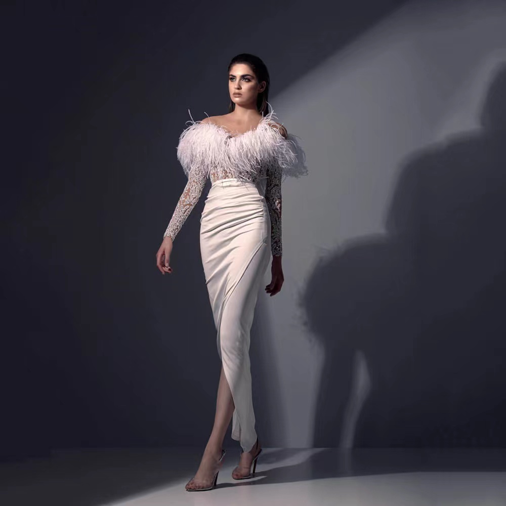 Dubai Muslim Luxury Mermaid Evening Dresses Long Lace Appliques Full Sleeves Beading Crystal Floor Length Prom Dress Feather Formal Party Gowns R-image-837517874
