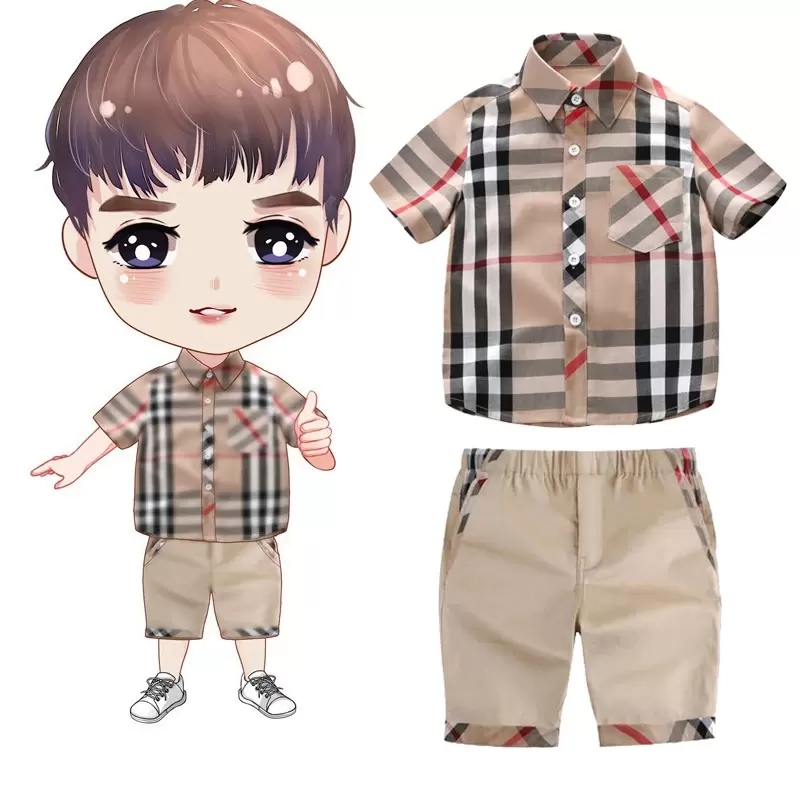 Vêtements à carreaux pour bébé fille de printemps Ensemble de chemises à manches courtes Shorts à plaid 1 à 7 ans