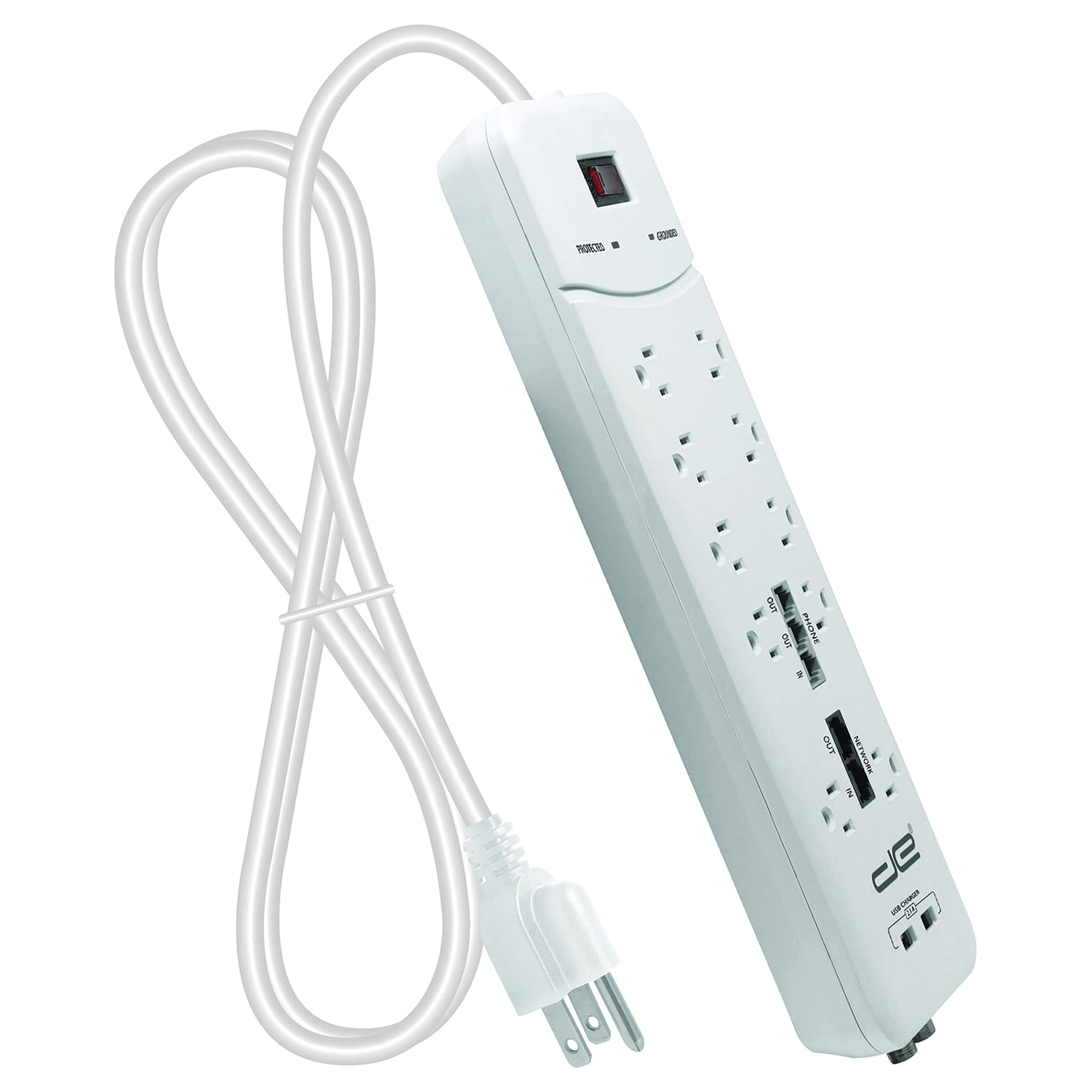 

Digital Energy 15 Foot Long Extension Cord 3500 Joules 10 Outlet Surge Protector Power Strip Two USB Charging Ports