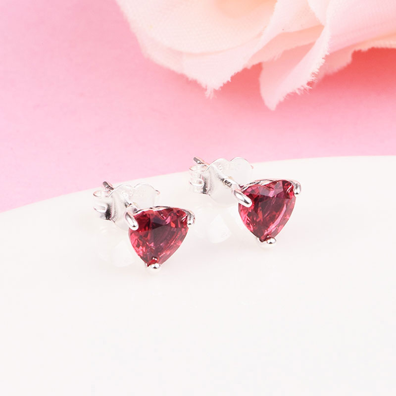

925 Sterling Silver Red Heart Stud Earrings Fits European Pandora Style Jewelry Fashion Earrings