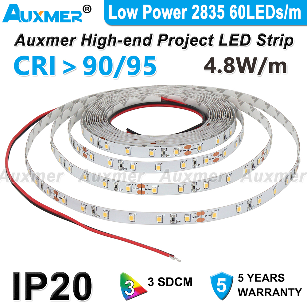 

Auxmer Low Power 2835 60LEDs/m LED Strip Lights CRI95/90 IP20 4.8W/m Led Tape Warm white Red Green Blue Amber Yellow Pink Purple DC12V/24V