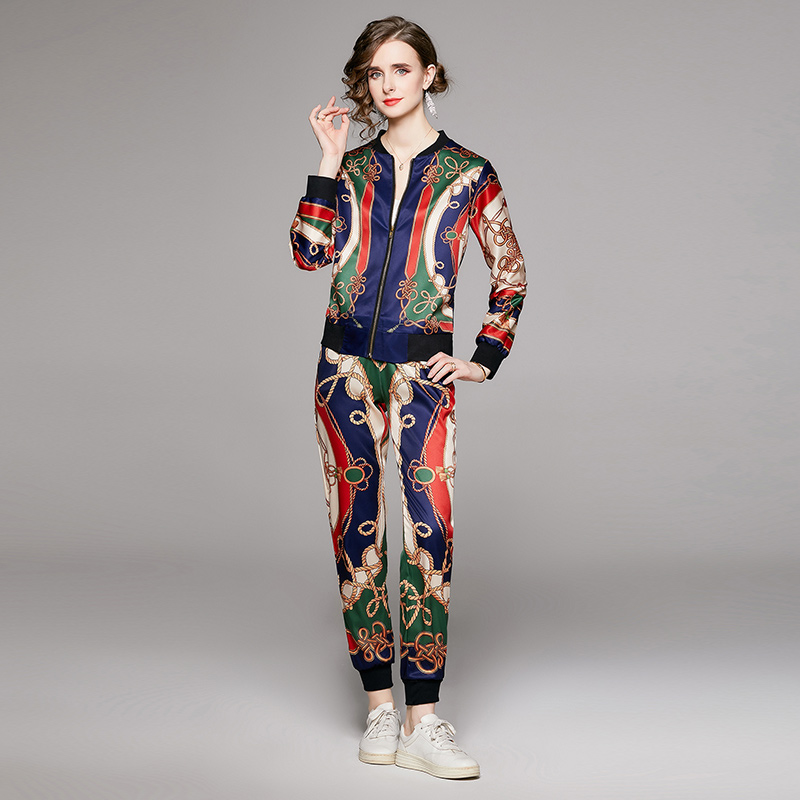 

luxury ladies runway floral two piece sets long sleeve printed jackets coat long pants 2 pcs slim elegant womens designer two piece pants, Customize