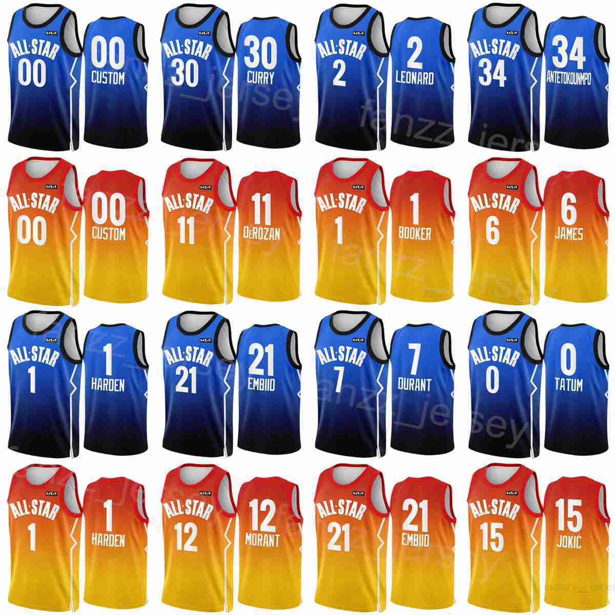 

Print 2023 Basketball Game All-Star Jerseys Kyrie Irving 11 Donovan Mitchell 45 James Harden 1 DeMar DeRozan 11 Jaylen Brown 7 Trae Young 11 Blue Gold Man Woman Youth
