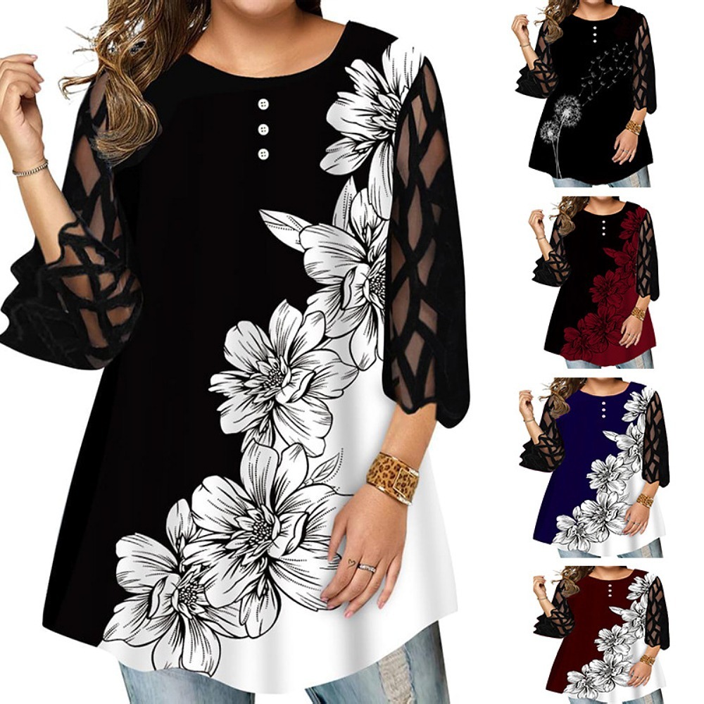 

2023 summer Women's Plus Size Blouse Women Three Quarter Mesh Sleeve Printed Elegant Tunic Tops Loose Oversized Ladies Shirt Sweatshirts, Black