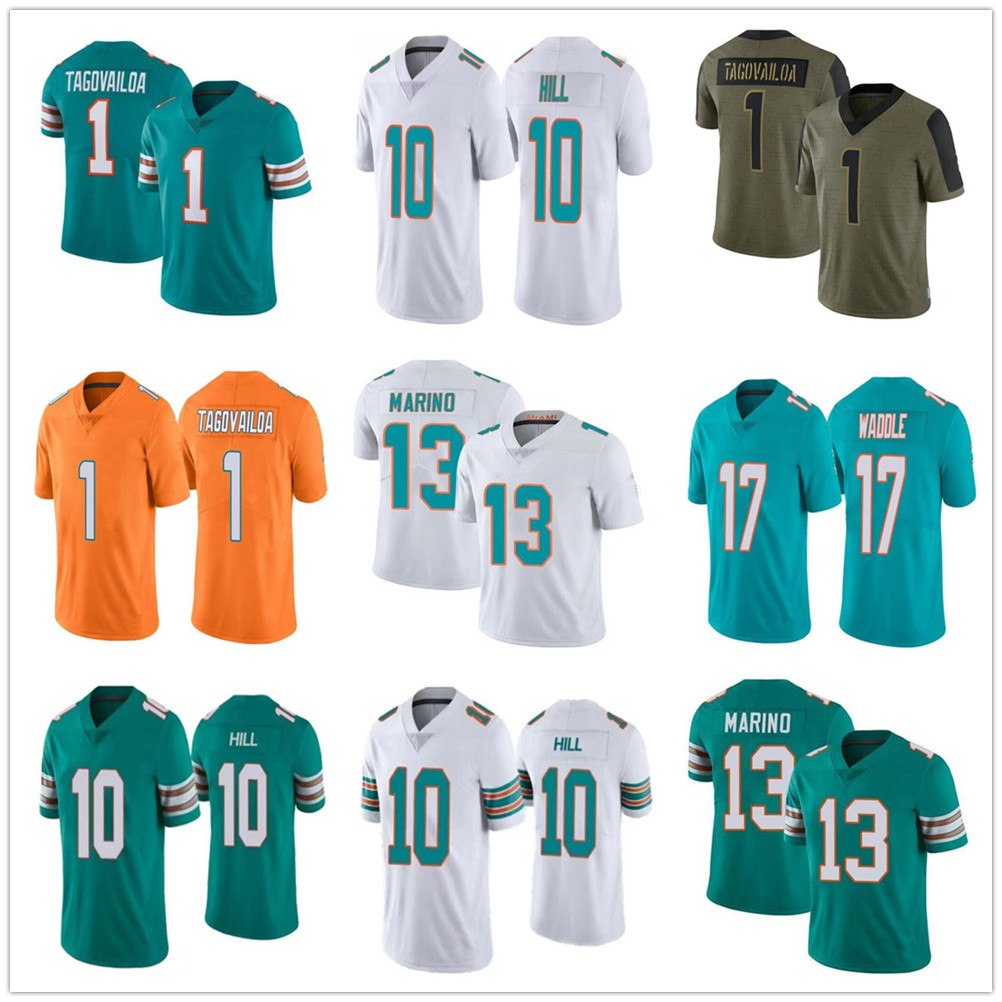 

1 Tua Tagovailoa 10 Tyreek Hill Football Jersey 17 Jaylen Waddle 13 Dan Marino Xavien Howard Jaelan Phillips Mike Gesicki Jerome Men women youth kids Jersey, As shown in illustration