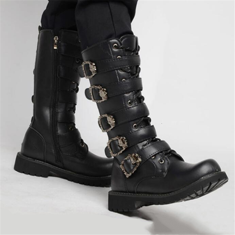

Boots Men's Leather Motorcycle Midcalf Military Combat Gothic Belt Punk Men Shoes Tactical Army Boot 230114, 983