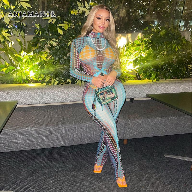 

Women' Two Piece Pants ANJAMANOR 3D Polka Dot Print Mesh Sheer Sets Top And Suit Sexy Clubbing Outfit Women Matching D87-CH22, Blue