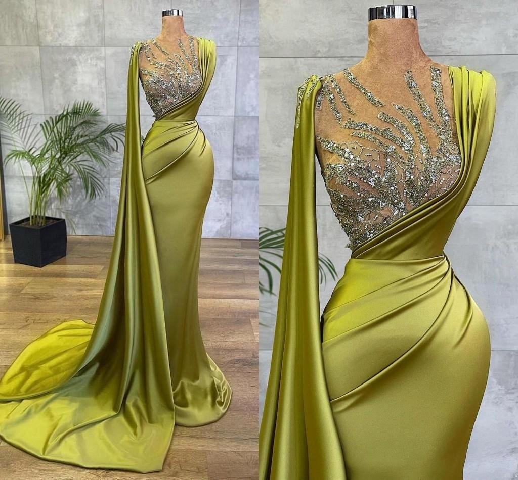 

Arabic Lemon Green Satin Mermaid Evening Prom Dresses Sheer Mesh Top Sequin Beads Ruched Formal Occasion Wear Gold Hunter Sheer Neck Sweep Train Robe de 2023 BC9574, Ivory