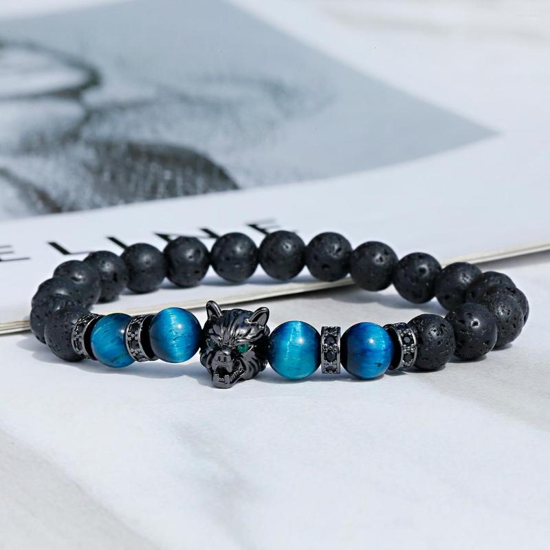 

Strand Gothic Wolf Leopard Charm Bracelet For Men Natural Lava Volcano Stone Blue Black Beads Bracelets Handmade 8mm Beaded Jewelry