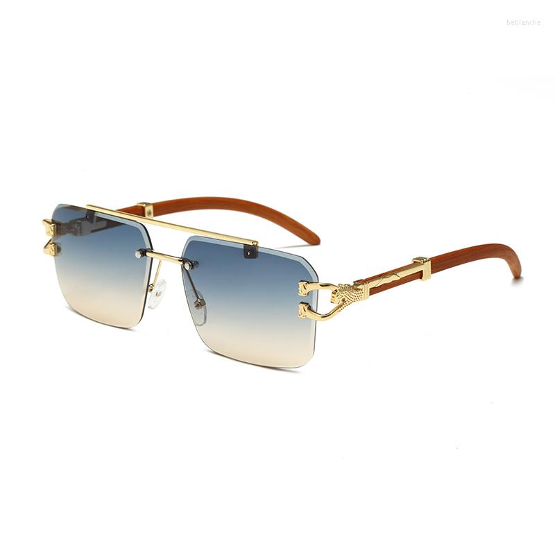 

Sunglasses Designer For Man Polarized Metal Frameless Wooden Temples Luxury Leopard Shape
