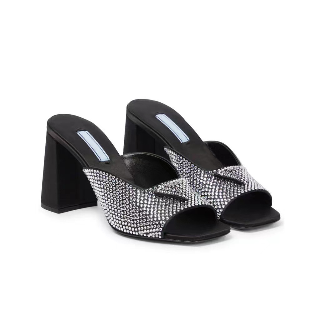

Other Shoes crystal Slippers Mules Womens Slides High Heels Shoes Rhinestone real silk95mm Chunky Block Slip-On Open Toe Luxury Designers Street Style