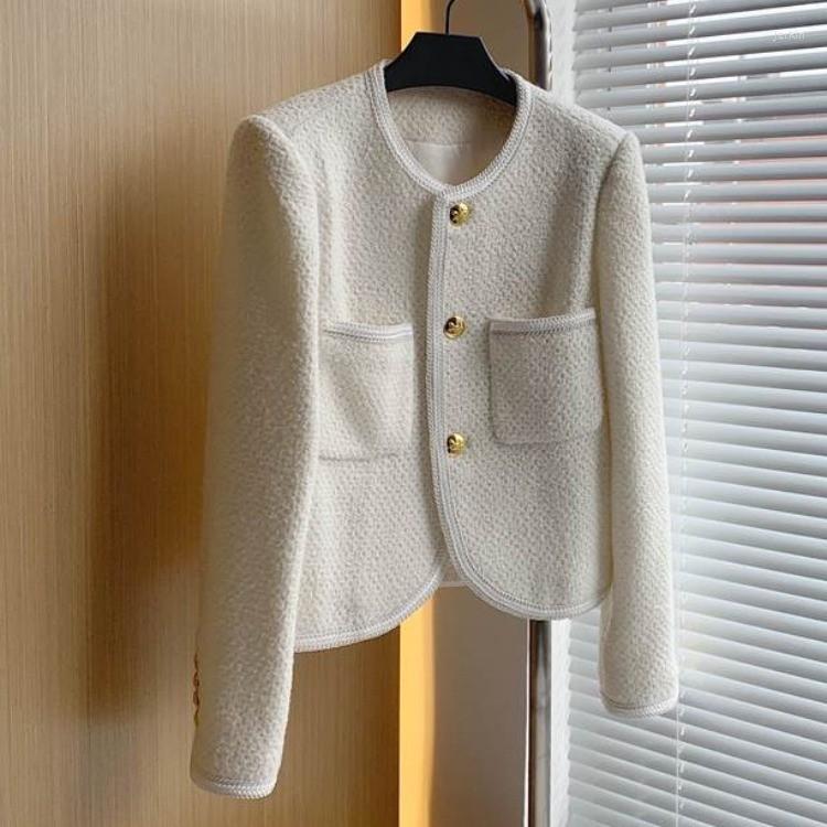 

Women' Jackets Vintage French Small Fragrant Fashion Black Tweed Pockets Golden Buttons Autumn Elegant Blends Wool Outerwear Female, White