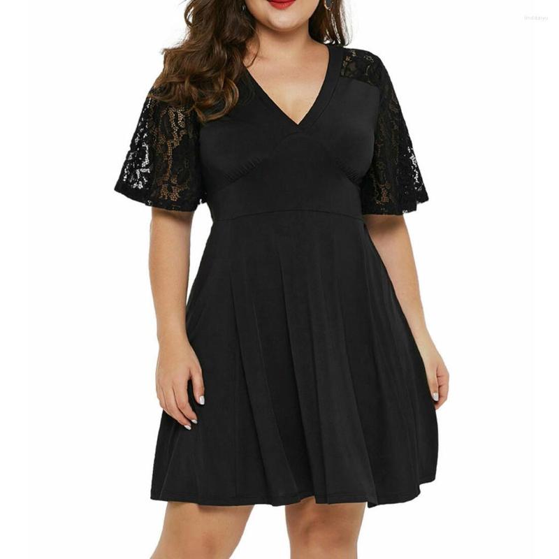 

Plus Size Dresses Women Dress Casual Solid Color V-Neck Short Sleeve Lace A-Line For 4xl  Party Sexy Vestidos 2023