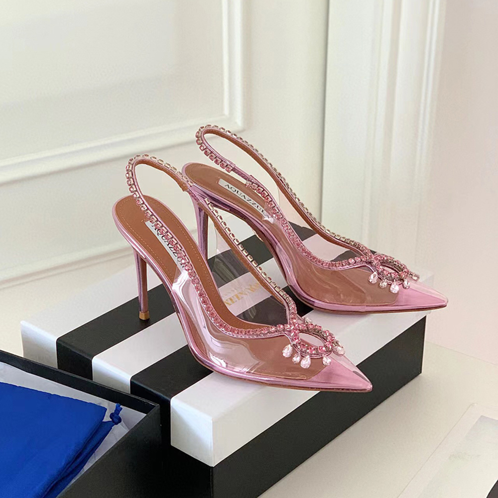 

Alevi Milano Crystal pendant Pumps shoes Pink PVC Slip-On High heels shoes slipper 10.5cm spool women Luxurys Designers Slingbacks Fashion factory shoes, Blue
