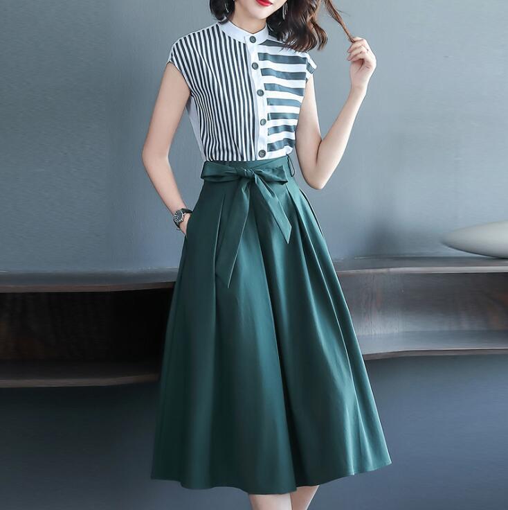 

Two Piece Dress Green Summer Women Office Set Casual Striped Shirts Blouses And Bow Midi Skirt Female Business Formal Suit Sets