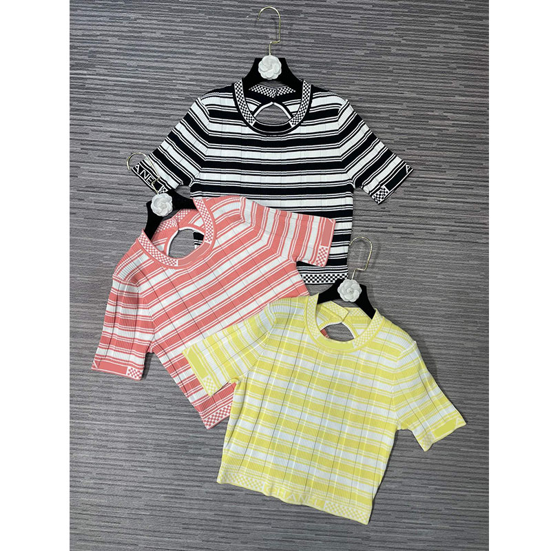 

2023 (Women' Knits New Fashion Women' 3 Colour Backless Sweaters Knitting Stripe Round Neck Short Sleeve Pullover Women Elegant Ladies Tops, Pink