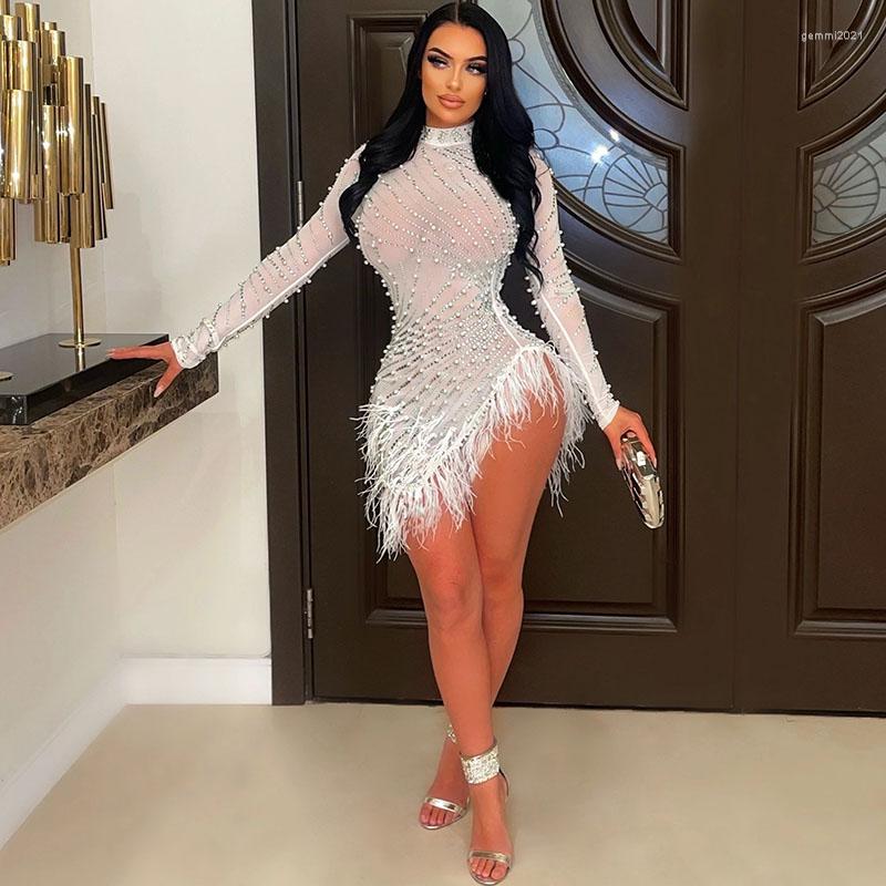 

Casual Dresses Sexy Pearls Rhinestone Party Women Elegance Nightclub Feather Birthday Dress Long Sleeve Mesh Sheer Bodycon Mini, Black