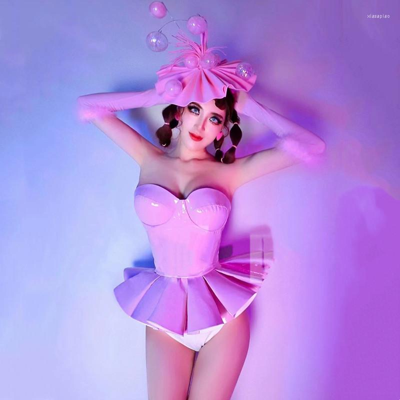 

Stage Wear Bar Nightclub Sexy DJ Gogo Costume Dancer Team Party Show Festival Rave Outfits Pink PU Leather Tutu Mini Dress Headgear Sets