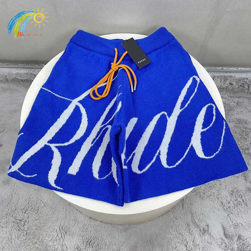 

Style Summer Blue Rhude Knitted Shorts High Street Oversized Big Letters Jacquard Breeches Inside Tags B9wi VRG7