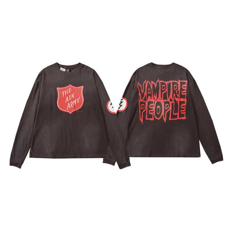 

22fw Spring Men Women Thunder Cracked Print Tees Long Sleeve Vampire Plus Size Brown Color Tshirt