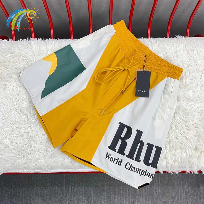 

Summer Style Casual Yellow Color Matching Sunset Print Rhude Shorts Men Women 1 1 Inside Mesh Breeches Drawstring 36ib 0F6E