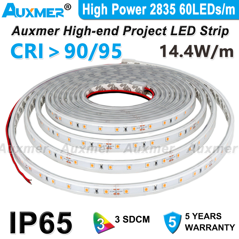 

Auxmer High Power 2835 60LEDs/m LED Strip Lights CRI95 CRI90 DC12V/24V IP65 Waterproof 5m/Reel Red Green Blue Amber Yellow Pink