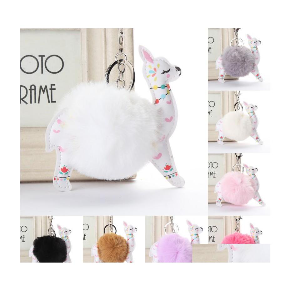 

Key Rings Fluffy Fur Ball Alpaca Leather Animal Keychains Charm 10Cm Artificial Rabbit Pompom Keyrings Women Jewelry P43Fa Drop Deliv Dhfsi