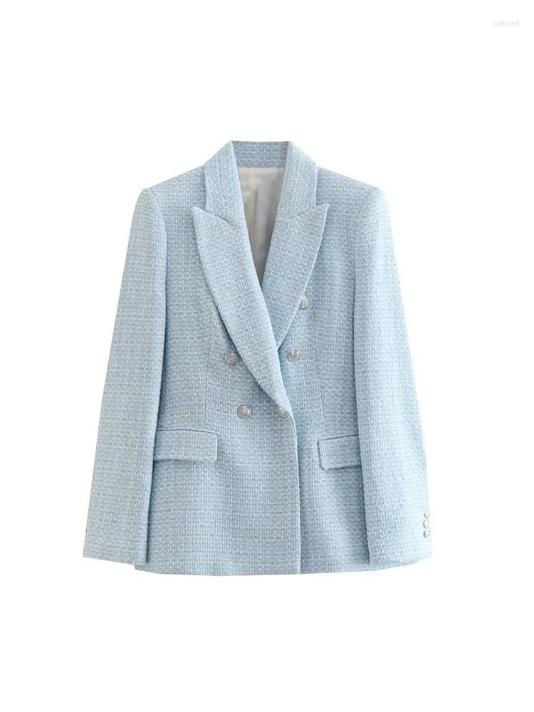 

Women's Suits XEASY 2023 Women Fall Fashion Textured Blazer Vintage Long Sleeve Double Breasted Flap Pockets Female Chic Jacket, Blue