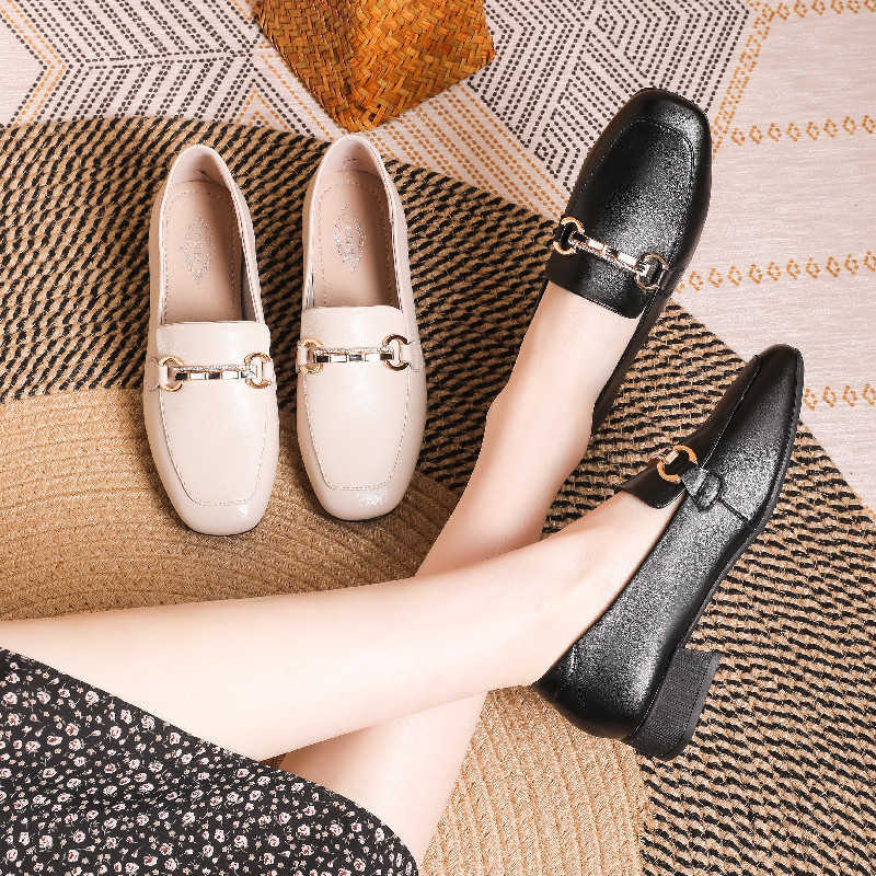

Dress Shoes Genuine leather loafers women's new versatile British small leather shoes flat sole single shoes professional, Black