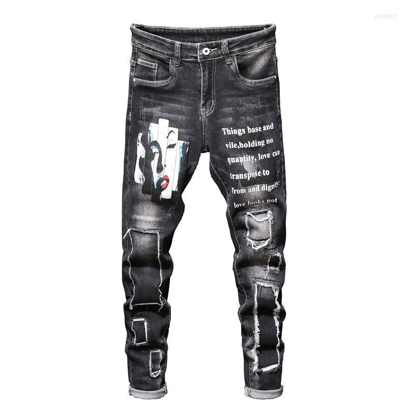 

Men's Jeans 2023Mens Casual Skinny Black Trousers Hip Hop Gothic Denim Pants Streetwear Women Graphic Print Punk Rock Size 38, 2036