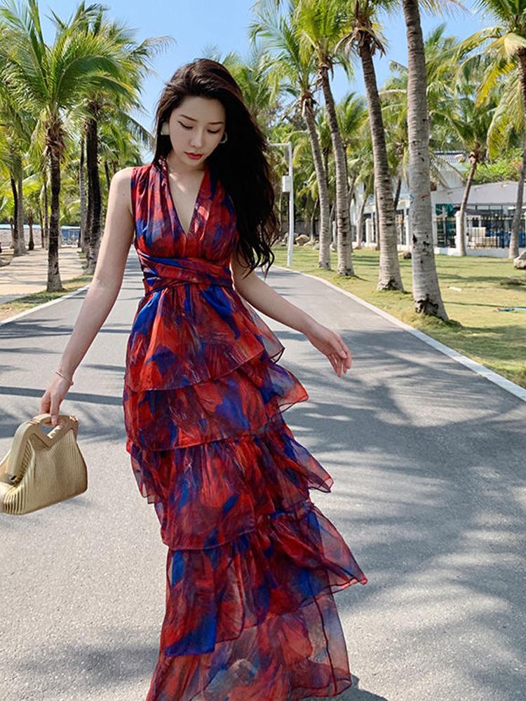 

Casual Dresses Zhiya Same Style Cascading Ruffles Summer Maxi Dress Sleeveless V Neck Bodycon Print Layers Backless Beach Boho, Picture shown