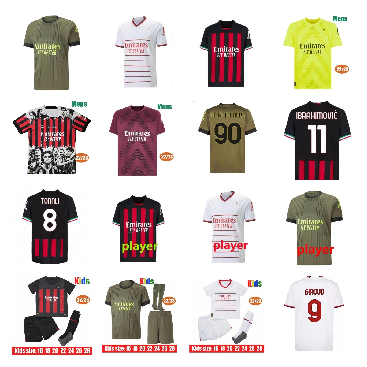 

22/23 IBRAHIMOVIC Soccer Jerseys AC KALULU MILANS Legends 2022 2023 GIROUD TONALI THEO R.LEAO ROMAGNOLI S.CASTILLEJO KESSIE SAELEMAEKERS Men Kids Kits sock full set, 11