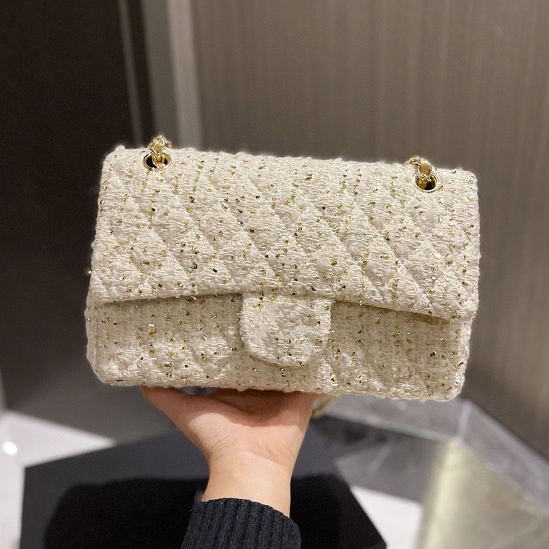 

Designer Womens Classic Double Flap Quilted Tweed Bags Cross Body Shoulder Purse GHW Matelasse Chain Rectangle Outdoor Sacoche Luxury Pocket Handbags 25CM, Box