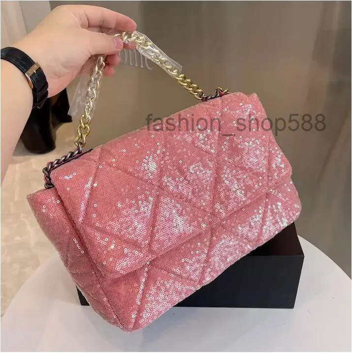 

Fashion Women's Holiday 19 Sequin Bag Classic Flap Quilted F/W Large Capacity Interwoven Chain Shiny Crossbody Street Party Luxury De, Blue 25cm