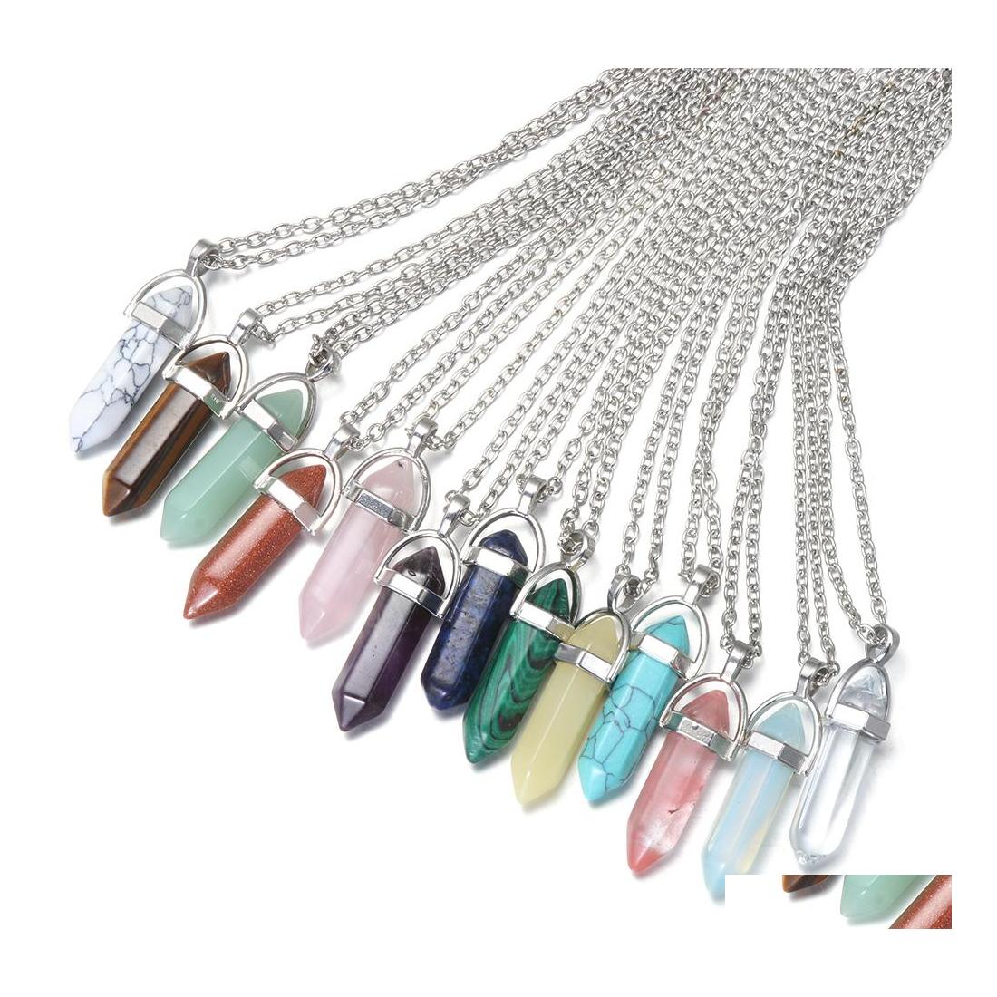 

Arts And Crafts Sier Plated Natural Quartz Crystal Hexagonal Pendant Chakra Healing Point Pendum Stone Necklace Jewelry Accessories Dh9Nx