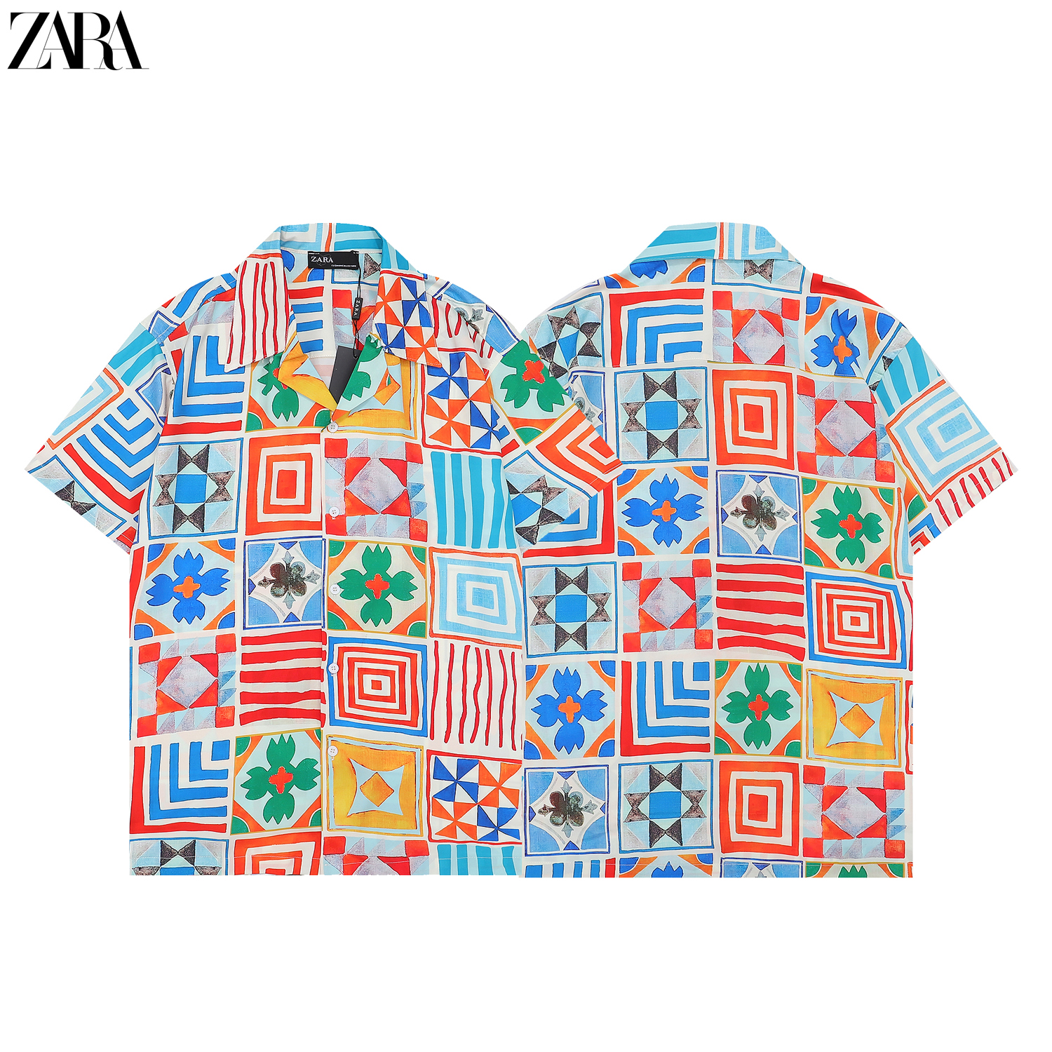 2023ss Zar Early Spring New men's Shirt Green Red Full print T-shirt Designer geometric pattern comfortable silky fabric Asian size sc M-3XL