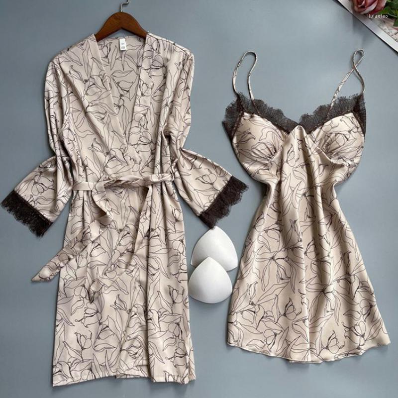 

Women's Sleepwear Robe Suit Womens Lace 2PCS Kimono Bathrobe Gown Twinset Summer Satin Set Sexy Lingerie V-Neck Nightwear, Champagne