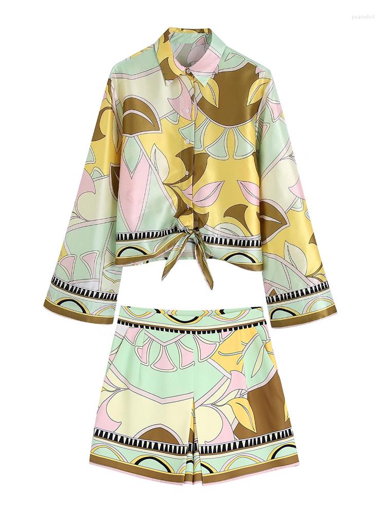 

Women' Tracksuits 2023 Fashion Vintage Print Shorts Sets Womens Outfits Long Sleeve Tie Bow Hem Shirt And High Waist Skort Two Piece Set