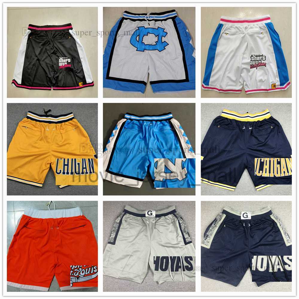 

College Basketball Shorts Movie JUST Men DON Zipper Pockets All Team Retro Sweatpants Hip Pop Fashion Pant Stitched Top Quality Short Purple Blue White Black, Dense embroidery