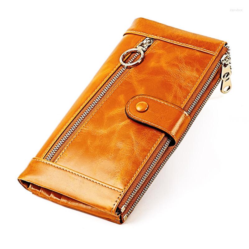 

Wallets High Quality Women Oil Wax Genuine Leather Wallet Long Zipper Clutch Purse Large Capacity Card Holder Lady, Meihong 3505