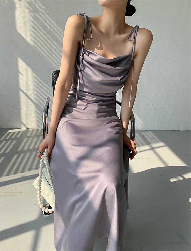 

Casual Dresses Elegant Gentle French Strap For Ladies Sexy Sleeveless A-line Beach Party Dress Summer Fashion Satin Long SundressCasual, Pink