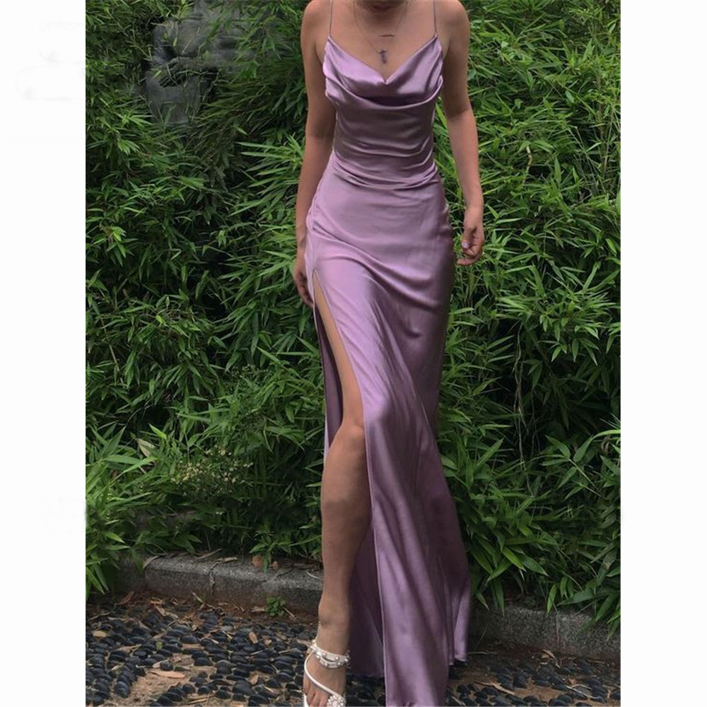 

Sheath Sexy Evening Prom Dresses Long Spaghetti Straps V-Neck Robe De Soiree With Side Slit Evening Party Prom Dresses, Dark navy