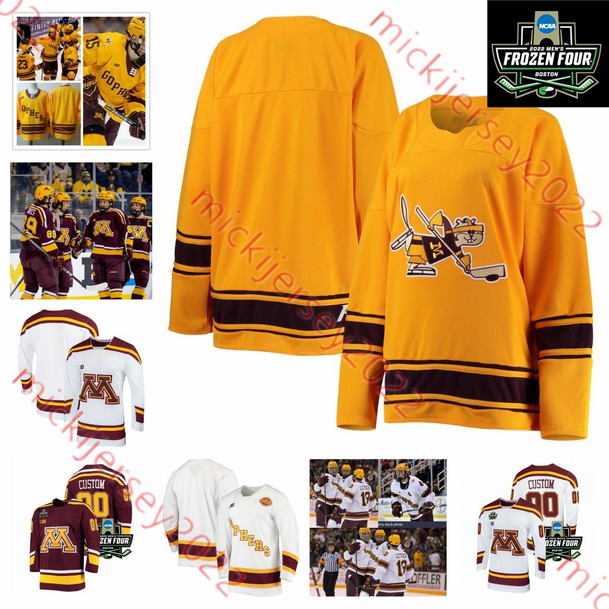 

Gophers Custom Golden Stitched Minnesota Hockey Jerseys 2 Jackson Lacombe Brock Faber Ryan Johnson Jaxon Nelson Jimmy Snuggerud Matthew Knies Logan Cooley Jerseys, White/frozen four patch