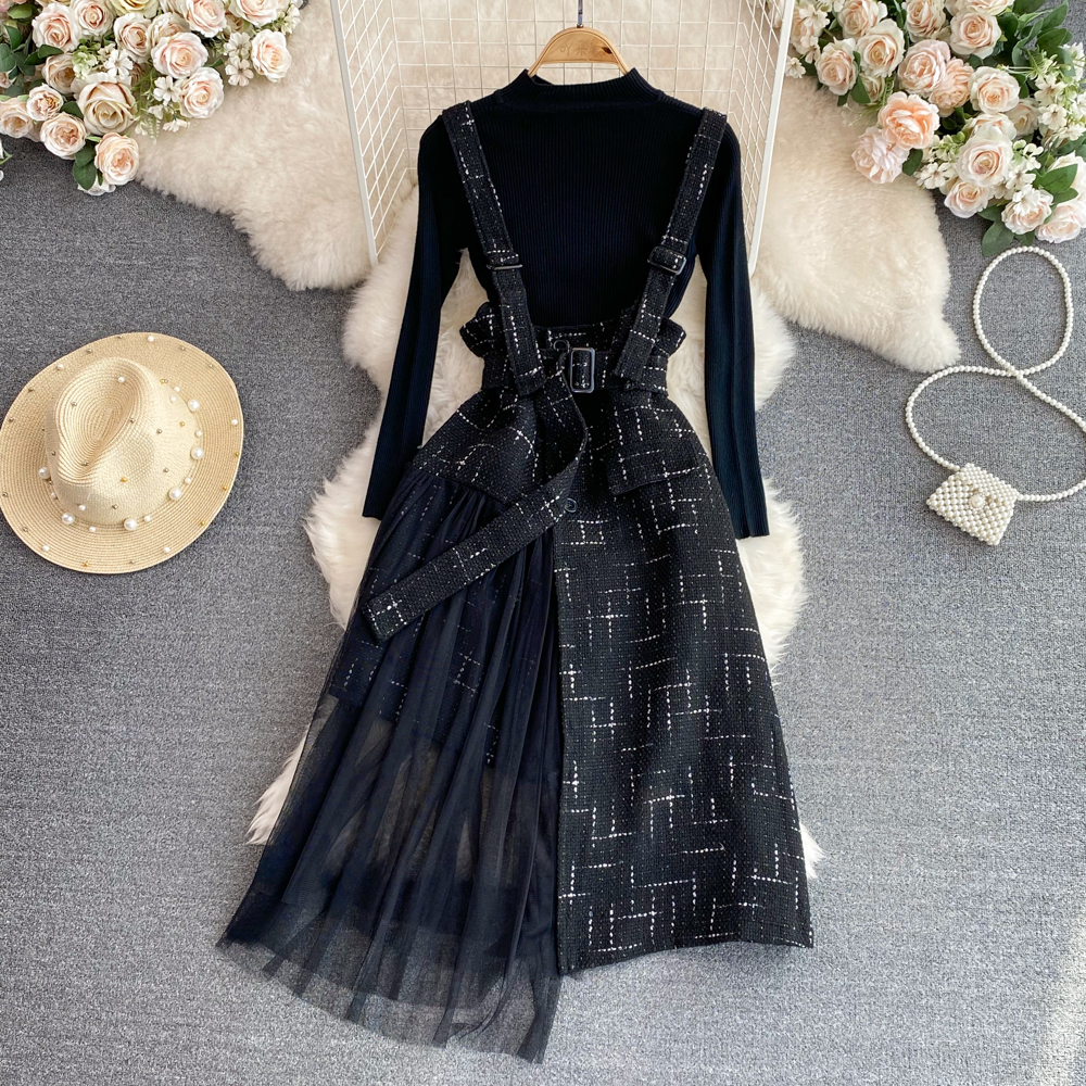 

Autumn Winter Women Two Piece Sets Stand Collar Knitting Sweater Tops and Spaghetti Strap Lace Mesh Dress Lady Suits 2023, Same as picture