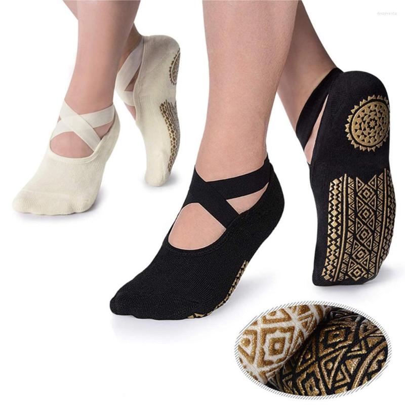 

Athletic Socks Yoga For Women Non-Slip Grips Straps Bandage Cotton Sock Ideal Pilates Pure Ballet Dance Barefoot Workout, Black